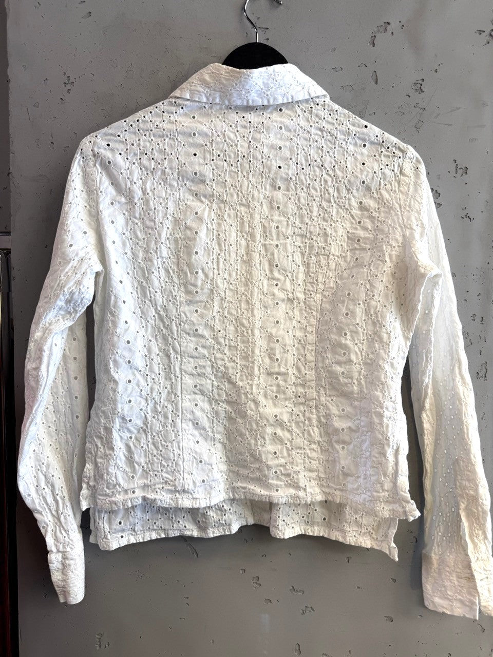 BERLIN VINTAGE CORNER Just Cavalli white long sleeve button-down shirt with intricate all-over eyelet embroidery.