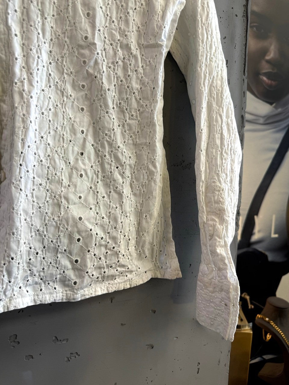 BERLIN VINTAGE CORNER Just Cavalli white long sleeve button-down shirt with intricate eyelet embroidery pattern.