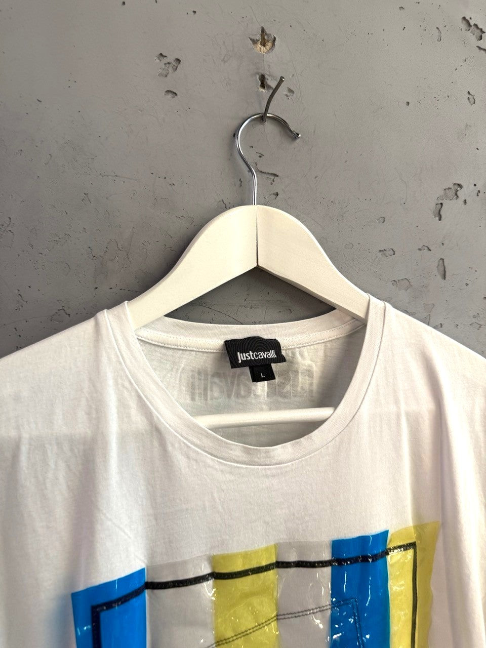 BERLIN VINTAGE CORNER Just Cavalli white cotton crew neck t-shirt with blue and yellow graphic print