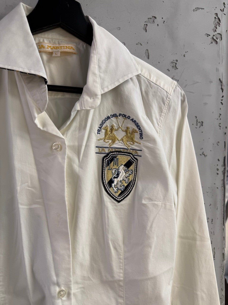 BERLIN VINTAGE CORNER white La Martina cotton button-down shirt with embroidered polo crest and heritage insignia.