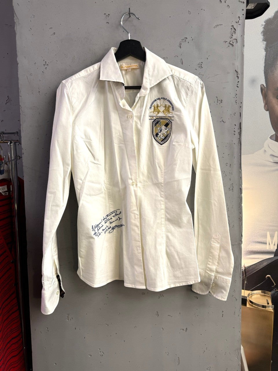BERLIN VINTAGE CORNER white La Martina cotton button-down shirt with embroidered crest and script detailing.