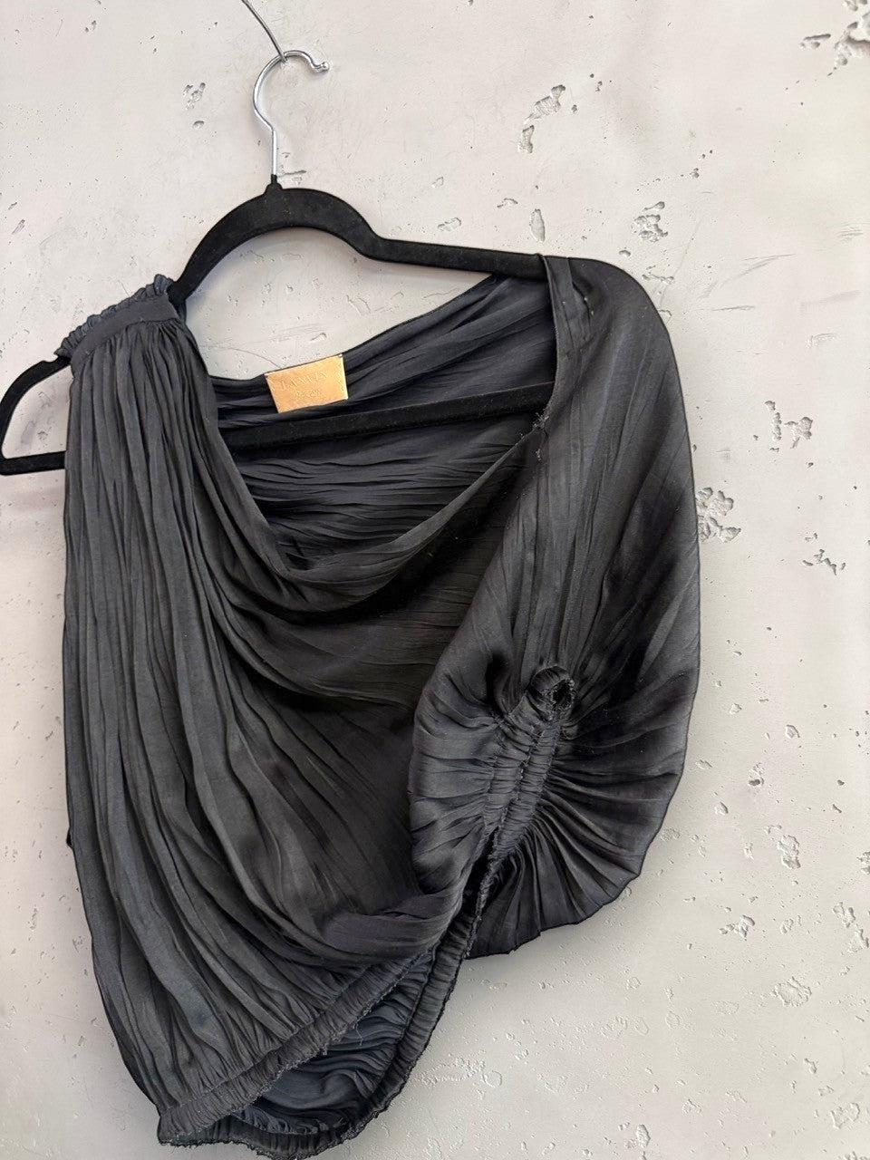 BERLIN VINTAGE CORNER black Lanvin one-shoulder top with micro-pleated texture and gathered sculptural detailing.