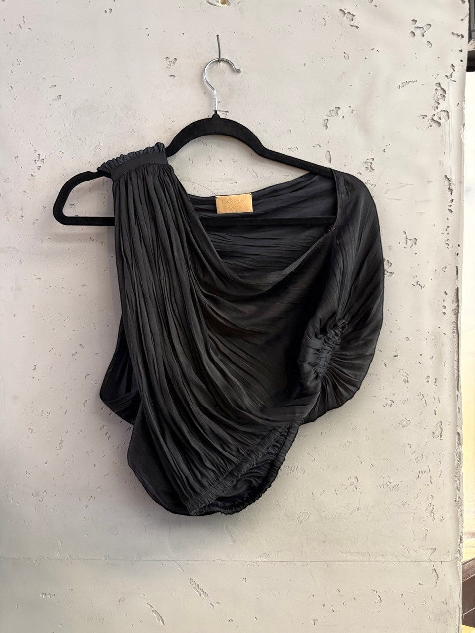 BERLIN VINTAGE CORNER black Lanvin one-shoulder top with micro-pleated texture and gathered sculptural draping.