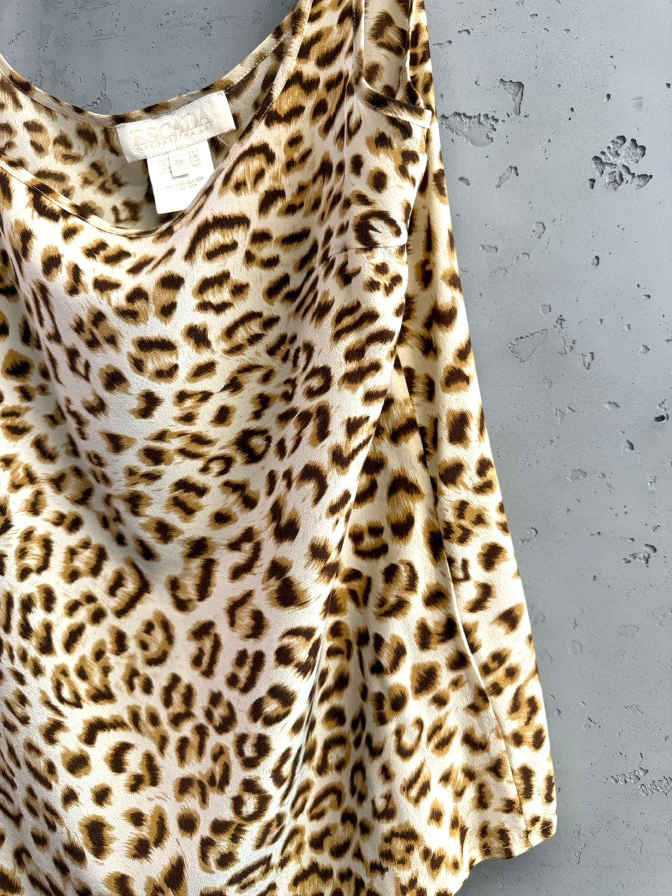 BERLIN VINTAGE CORNER leopard print spaghetti strap camisole top in beige and brown, lightweight fabric, scoop neckline.