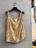 BERLIN VINTAGE CORNER leopard print spaghetti strap camisole top in beige and brown, lightweight fabric, scoop neckline.