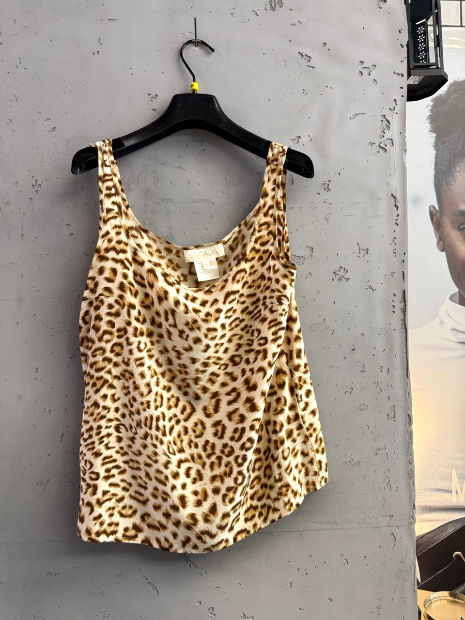 BERLIN VINTAGE CORNER leopard print spaghetti strap camisole top in beige and brown, lightweight fabric, scoop neckline.