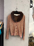 BERLIN VINTAGE CORNER Blugirl Blumarine leopard print long sleeve cardigan with a plush dark brown faux fur collar.