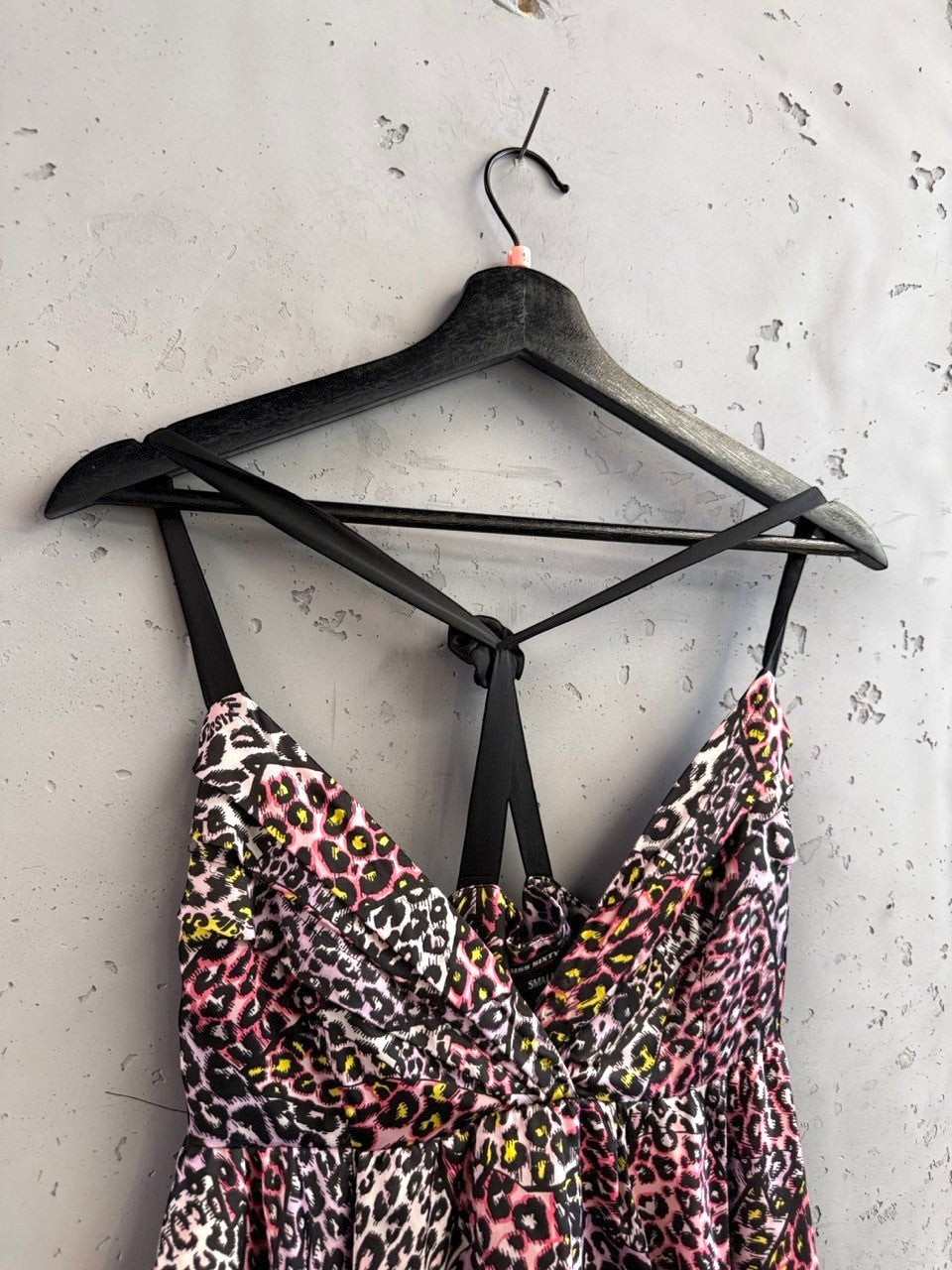 BERLIN VINTAGE CORNER Miss Sixty leopard print mini dress with pink, purple, yellow, and black colors. Features spaghetti straps and a tiered skirt.