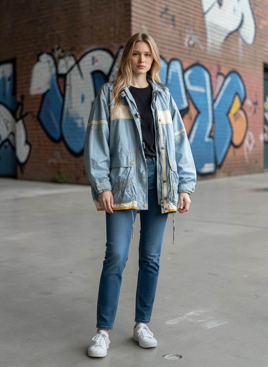 BERLIN VINTAGE CORNER light blue lightweight windbreaker jacket with plaid lining, white stripes, and snap pockets.