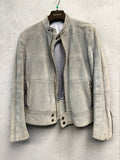BERLIN VINTAGE CORNER light grey suede moto jacket with zip-front, zippered pockets, and stand-up collar.