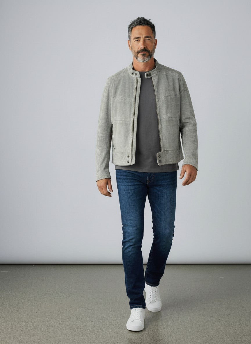 BERLIN VINTAGE CORNER light grey suede moto jacket with zip front, zippered pockets, and stand-up collar.