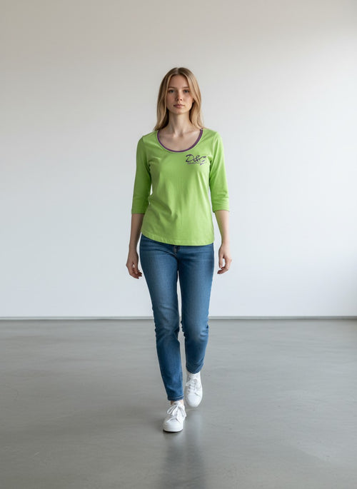 BERLIN VINTAGE CORNER lime green cotton blend long sleeve t-shirt with purple neckline and D&G logo on chest.