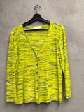 BERLIN VINTAGE CORNER lime green knit cardigan with abstract marled pattern, V-neck, and button front.