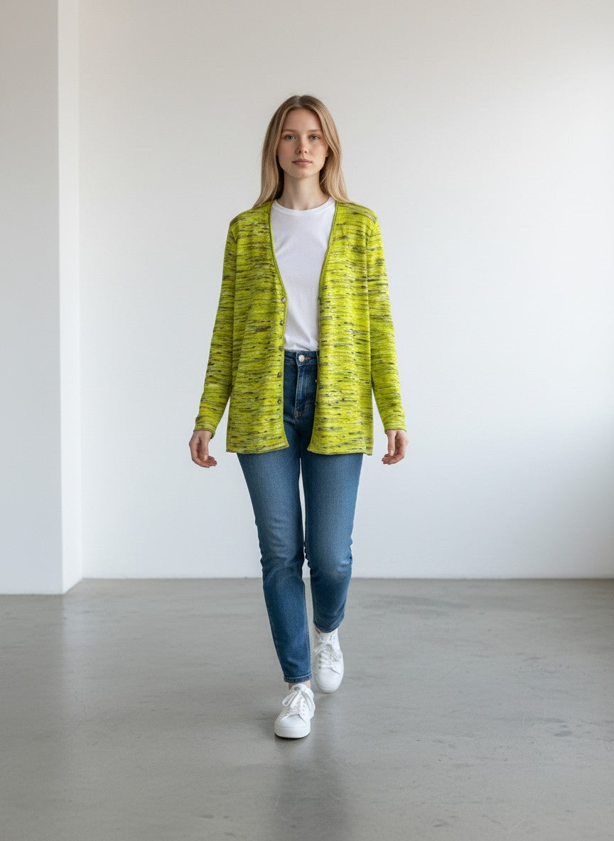 BERLIN VINTAGE CORNER lime green marled knit V-neck button-front cardigan with long sleeves.