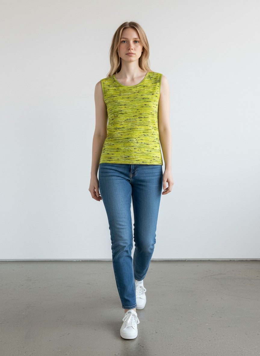 BERLIN VINTAGE CORNER lime green striped knit sleeveless top with scoop neckline.