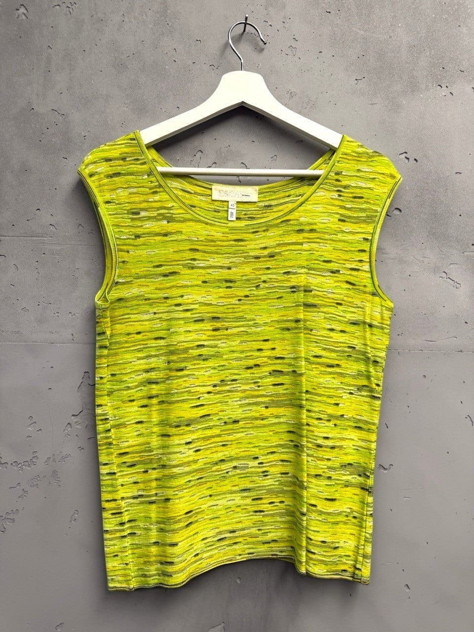 BERLIN VINTAGE CORNER lime green striped knit sleeveless top with scoop neckline and textured knit.