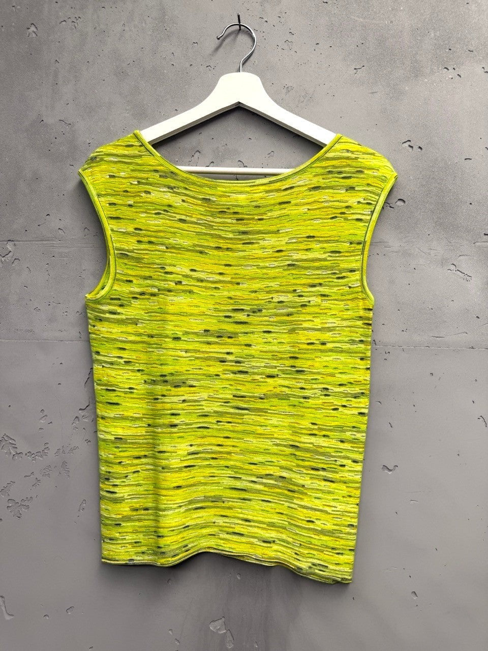 BERLIN VINTAGE CORNER sleeveless knit top in lime green with grey and yellow marled stripes. Relaxed fit, scoop neck.
