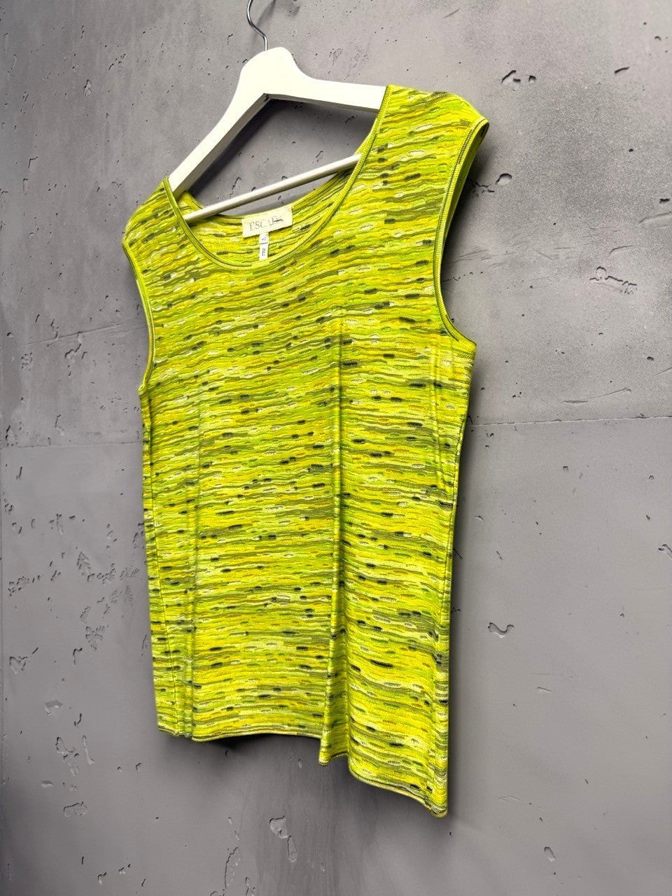 BERLIN VINTAGE CORNER sleeveless knit top with scoop neckline in lime green with grey and yellow stripes. Textured knit fabric.