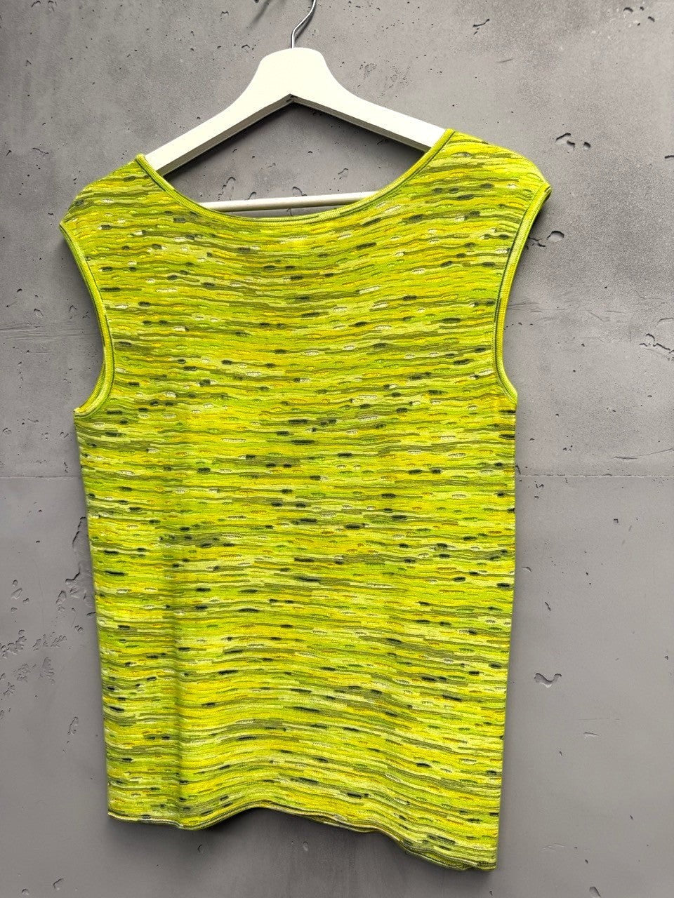 BERLIN VINTAGE CORNER lime green knit sleeveless top with scoop neck and textured horizontal stripes in grey and yellow.