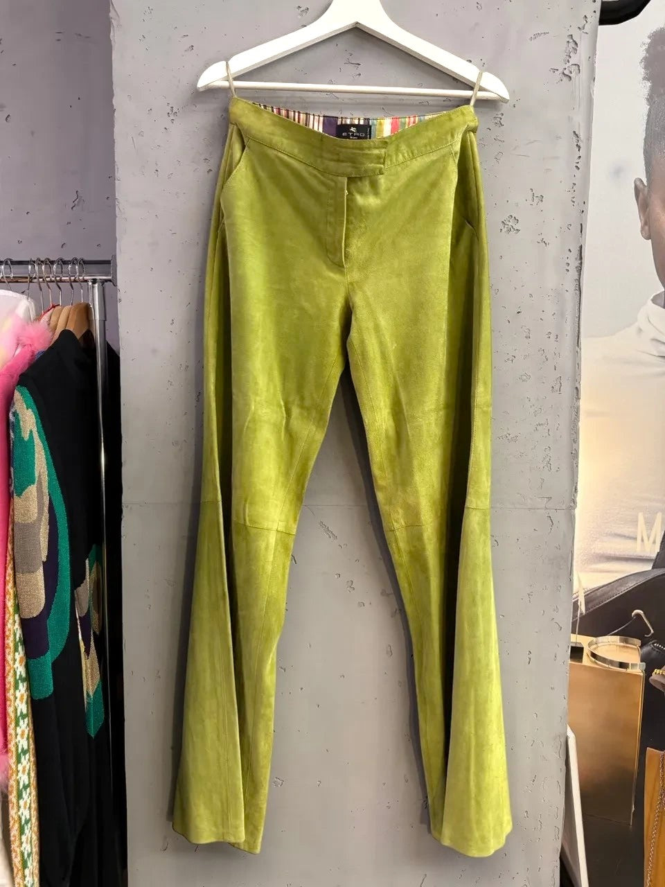 BERLIN VINTAGE CORNER lime green suede wide leg trousers with striped interior waistband and zip fly.