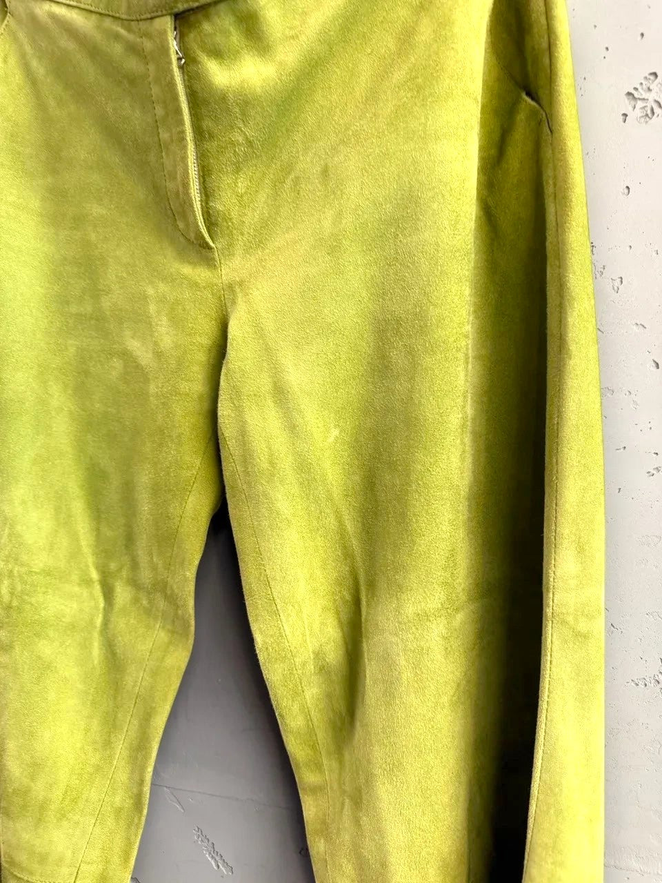 BERLIN VINTAGE CORNER lime green suede wide leg trousers with zip fly and side pockets.