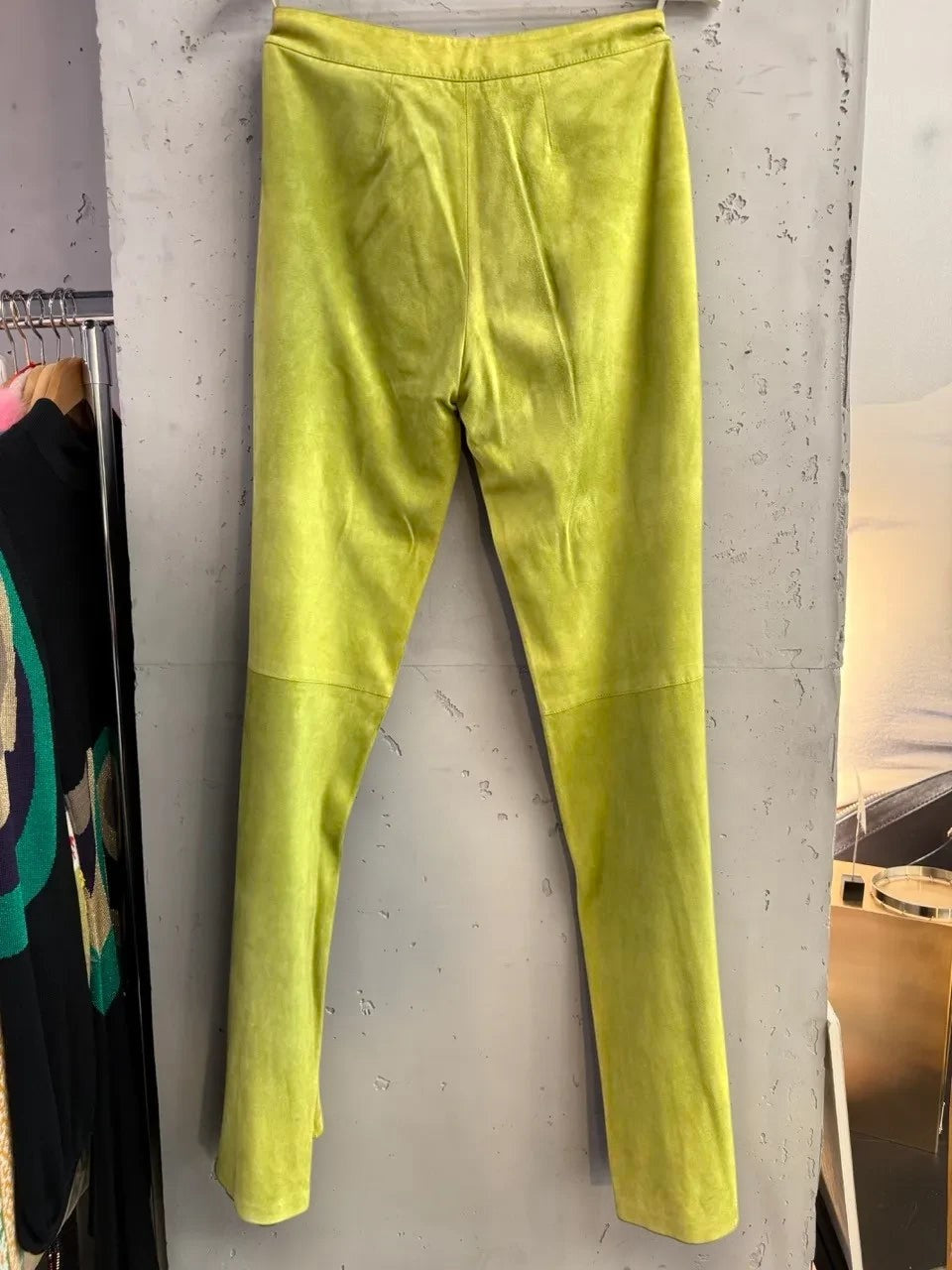 BERLIN VINTAGE CORNER lime green suede wide leg trousers with zip fly and side pockets.