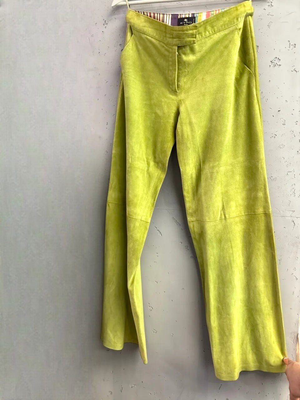 BERLIN VINTAGE CORNER lime green suede wide leg trousers with zip fly and side pockets.