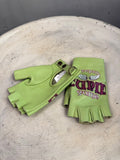 BERLIN VINTAGE CORNER lime green leather fingerless gloves with Stupid Game graphic and wing embroidery