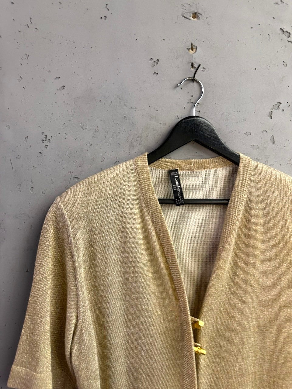 BERLIN VINTAGE CORNER Louis Féraud metallic gold short-sleeve knit cardigan with V-neck and gold-tone hardware.