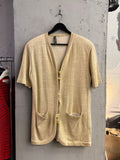 BERLIN VINTAGE CORNER Louis Féraud metallic gold short-sleeve knit cardigan with V-neck and front patch pockets.