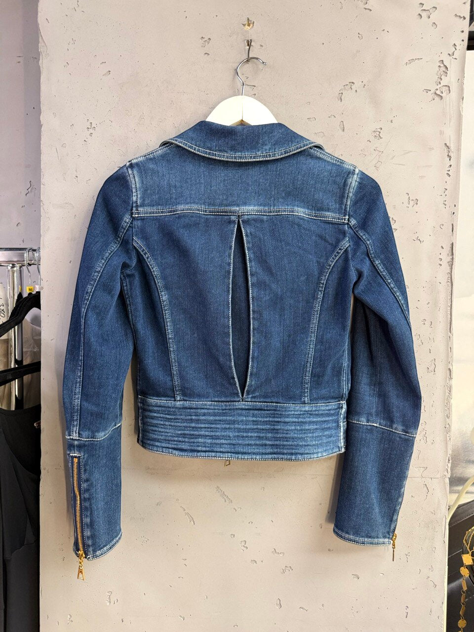 Louis Vuitton denim biker jacket, sleeve and banded waist