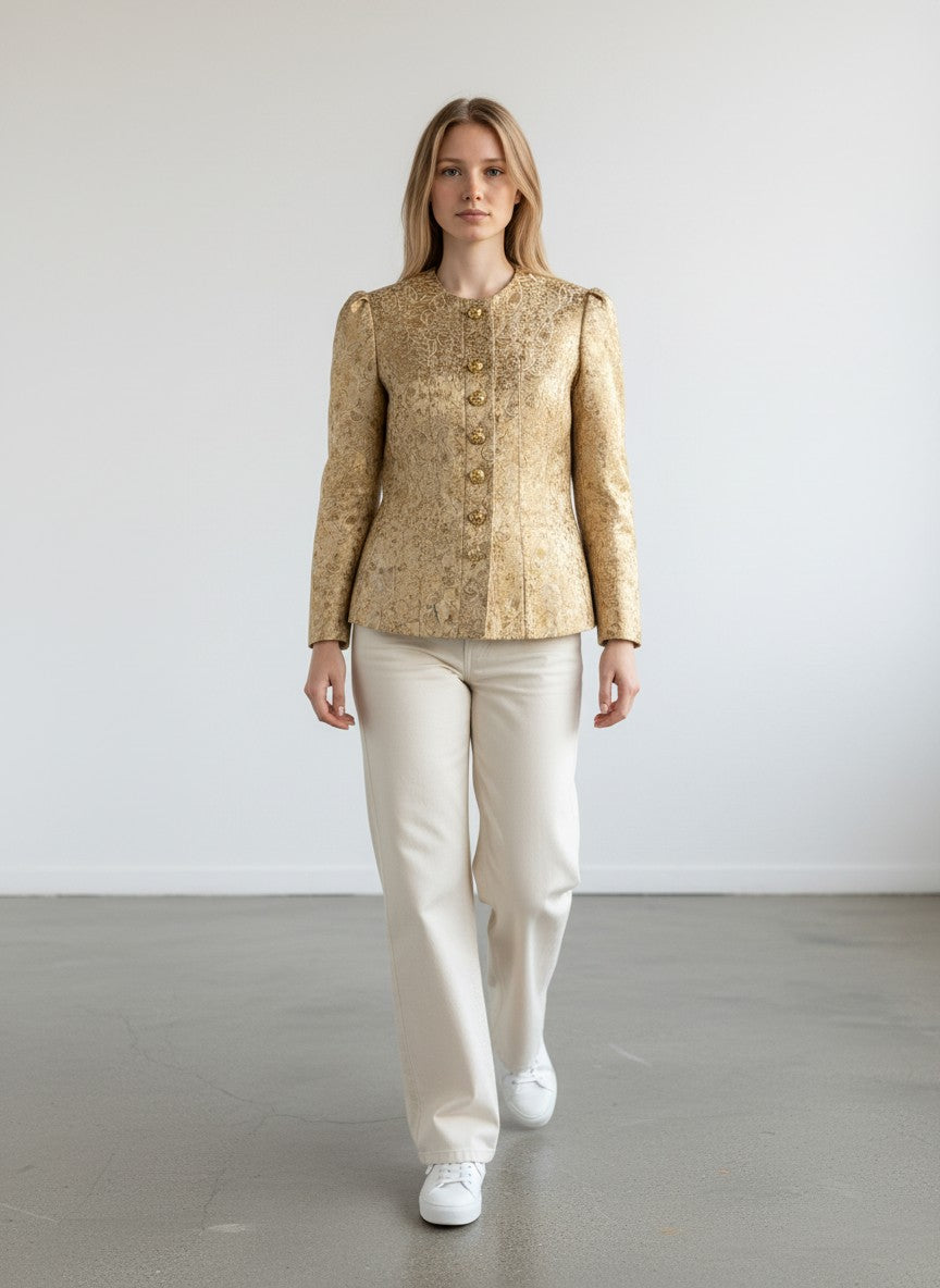 BERLIN VINTAGE CORNER Louis Vuitton gold brocade jacket with paisley pattern, puff sleeves, and ornate buttons. Fuchsia lining.