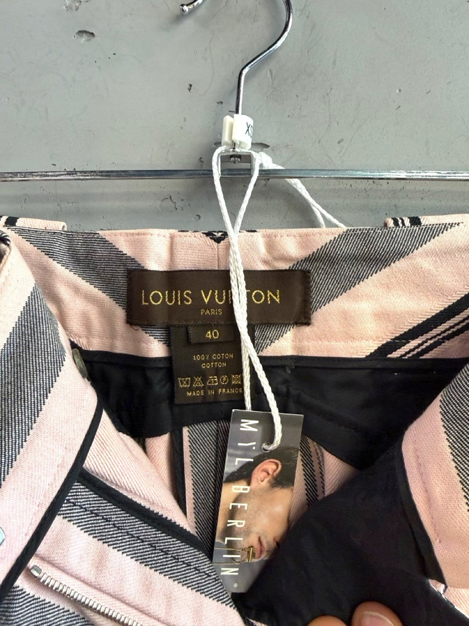 BERLIN VINTAGE CORNER Louis Vuitton pink, charcoal, and black striped 100% cotton trousers. Made in France.