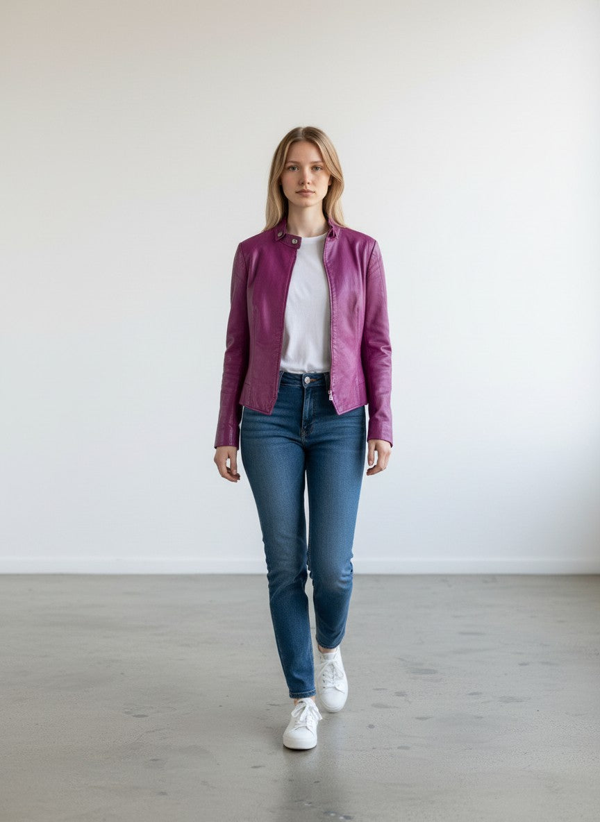 BERLIN VINTAGE CORNER magenta leather biker jacket with zip-front closure and classic collar.