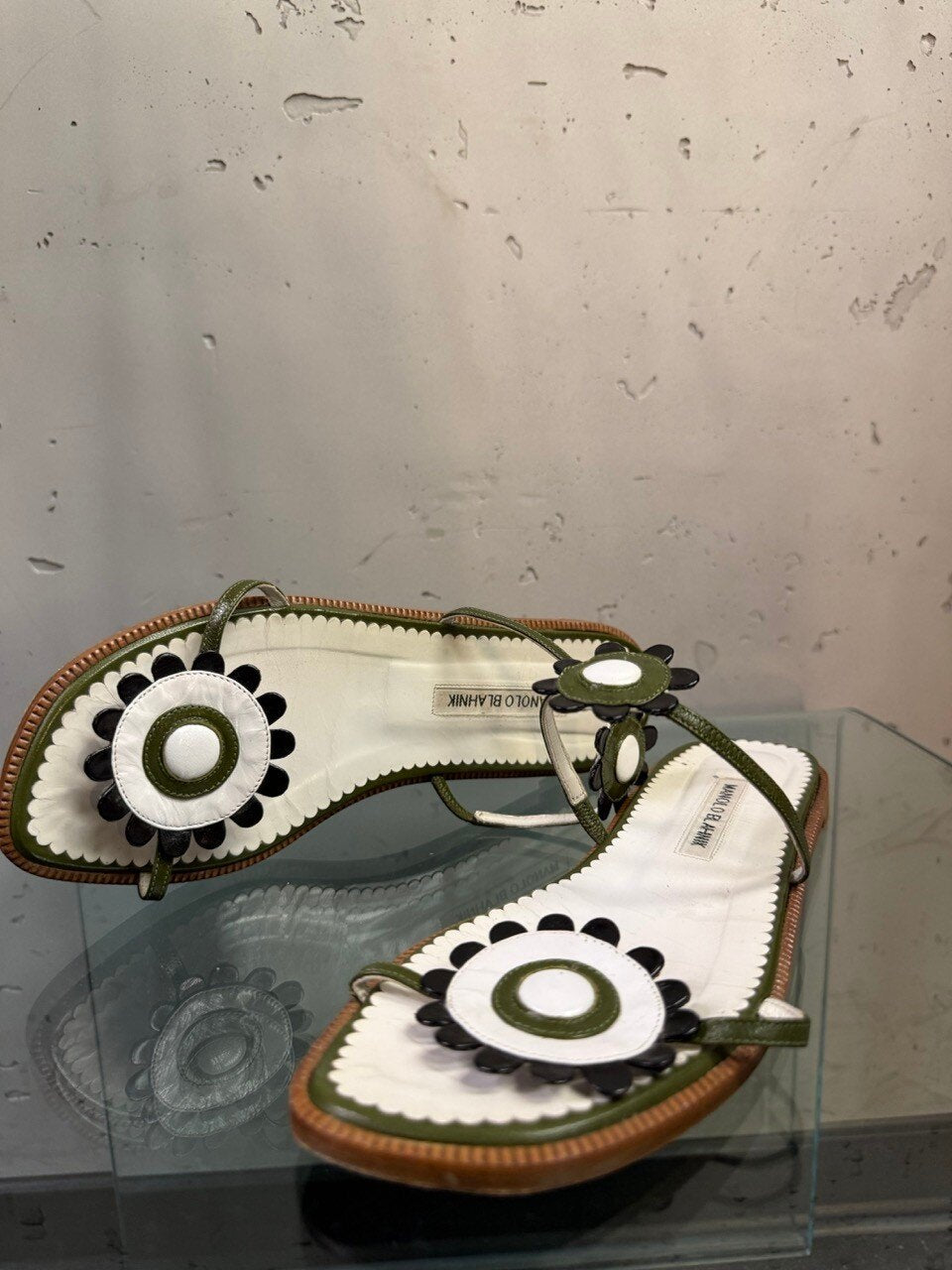 Manolo Blahnik sandals, scalloped applique in close up