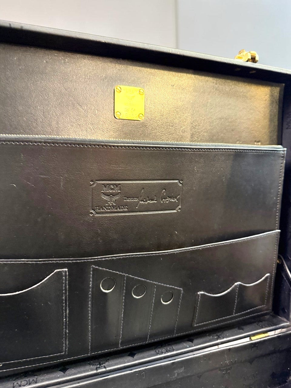 BERLIN VINTAGE CORNER MCM black leather hard shell briefcase interior with gold logo plaque and pen slots