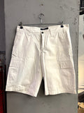 BERLIN VINTAGE CORNER white McNEAL cotton cargo shorts with side pockets and button fly closure.