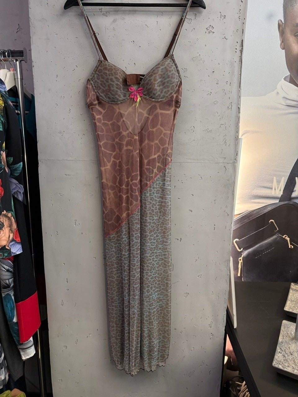 BERLIN VINTAGE CORNER sleeveless midi dress in brown and grey mesh with mixed animal prints and pink floral detail.