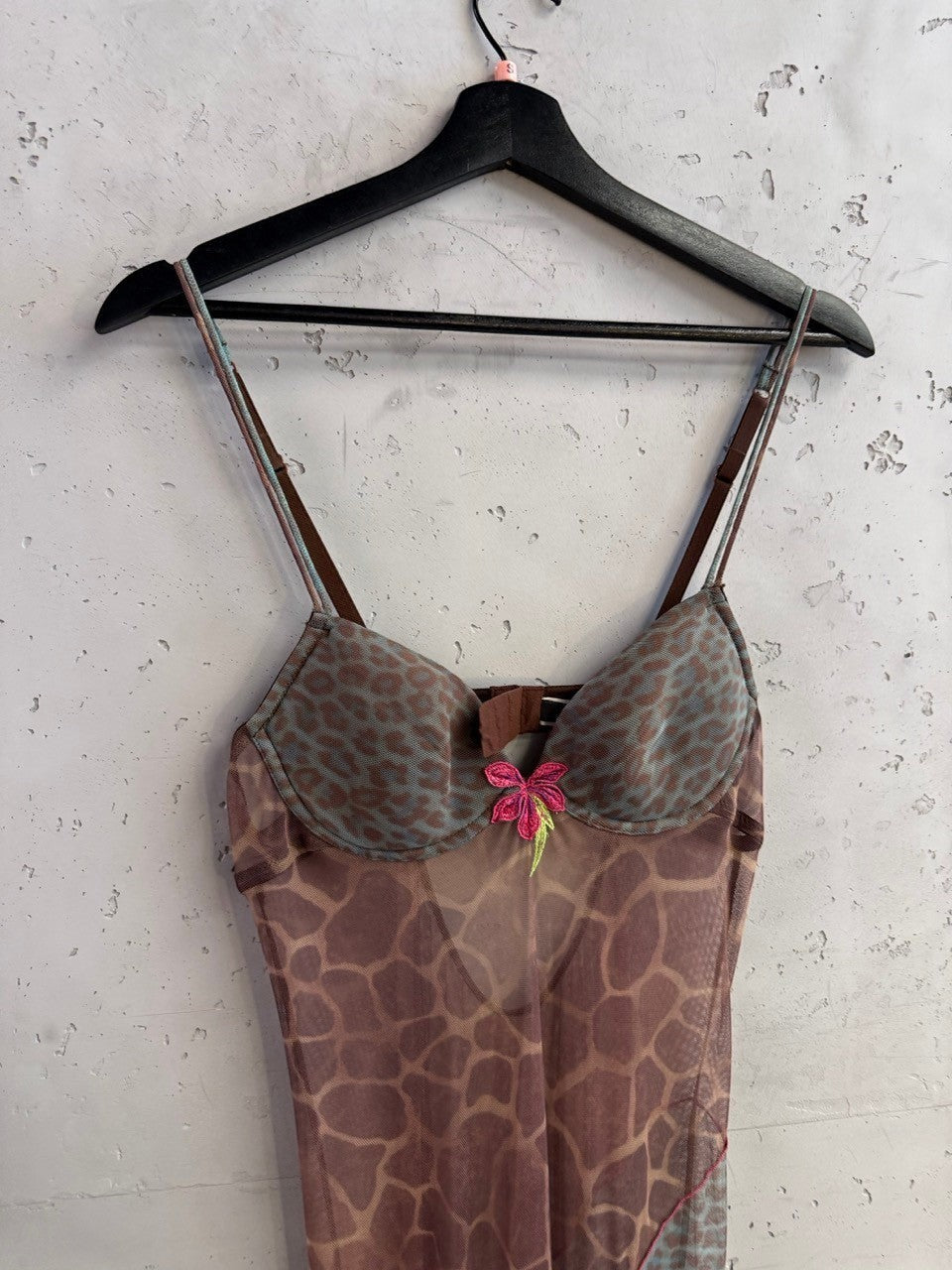 BERLIN VINTAGE CORNER sleeveless mesh midi dress with brown animal print, spaghetti straps, and pink floral detail.