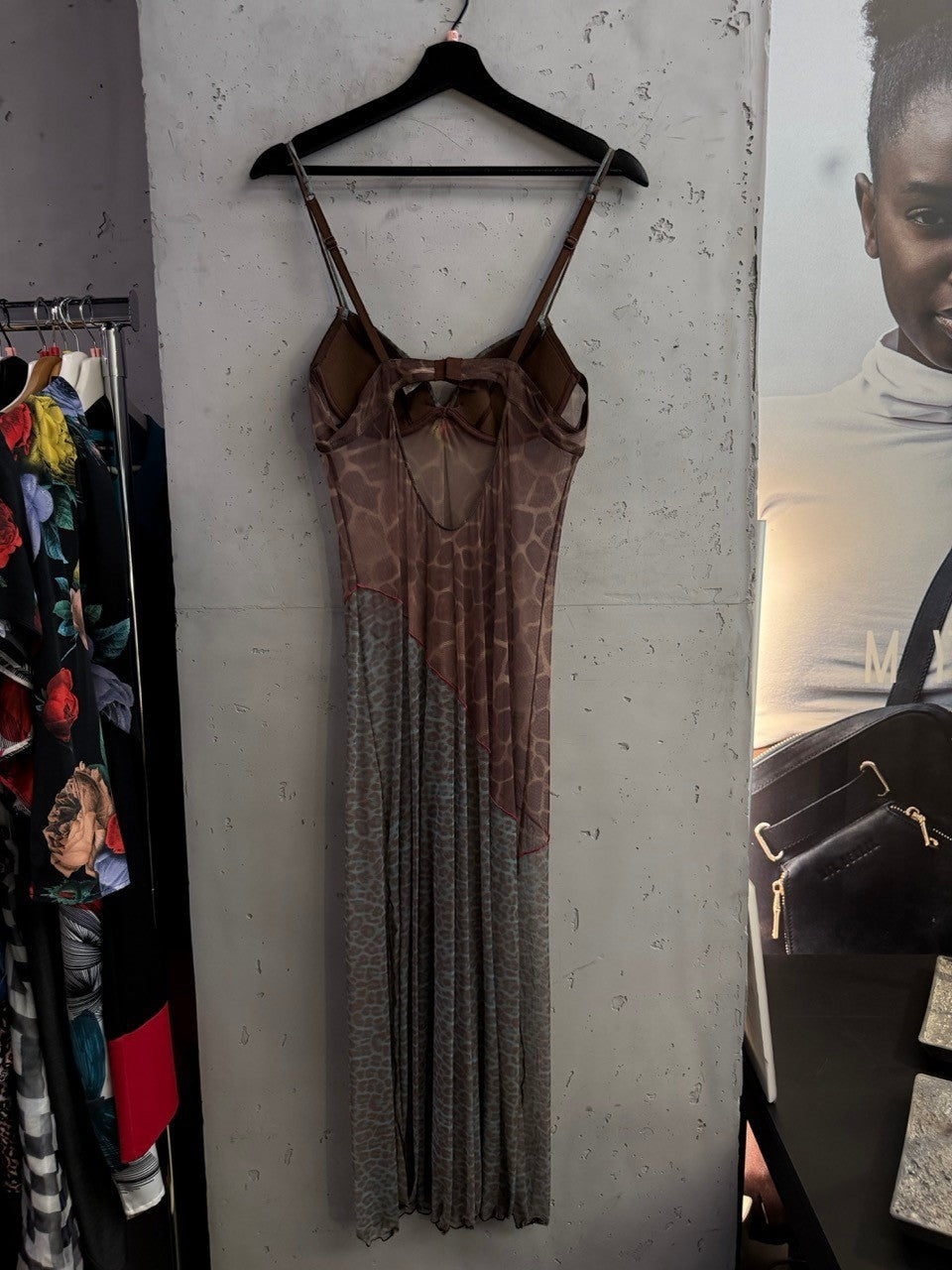 BERLIN VINTAGE CORNER sleeveless midi dress in brown mesh with mixed animal prints, spaghetti straps, and back cut-out.