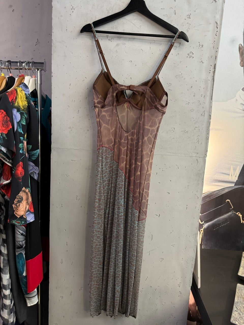 BERLIN VINTAGE CORNER sleeveless midi dress in brown mesh with mixed animal print and back cut-out detail.