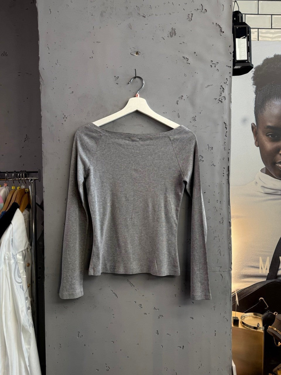 BERLIN VINTAGE CORNER grey cotton blend long sleeve top with off-the-shoulder neckline and Mickey Mouse graphic.
