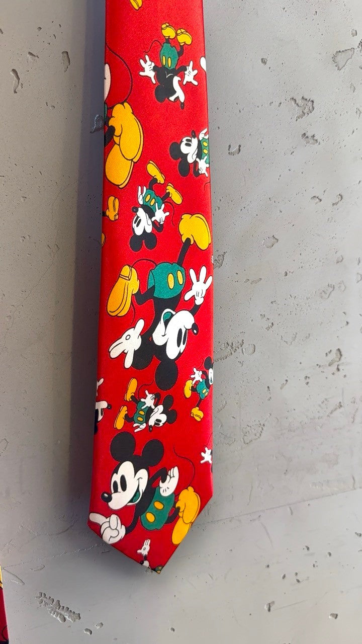 BERLIN VINTAGE CORNER red Mickey Mouse novelty necktie with an all-over character print on a smooth fabric finish.