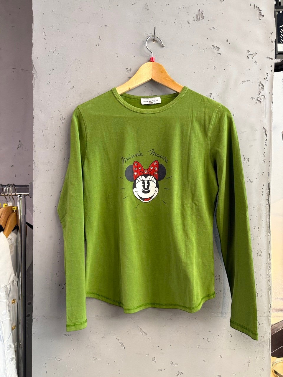 BERLIN VINTAGE CORNER lime green long sleeve t-shirt with Minnie Mouse graphic and red bow. Cotton blend.