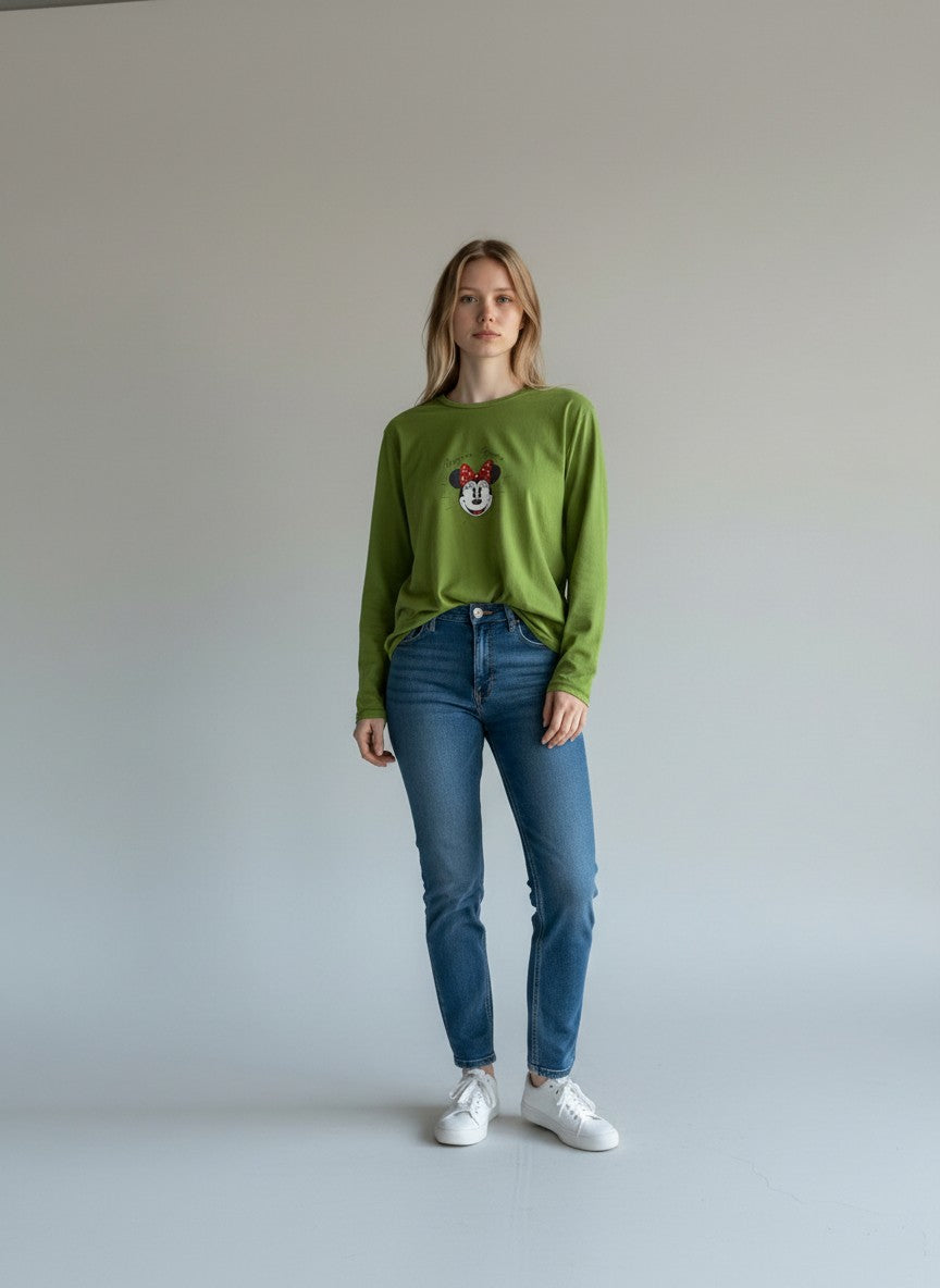 BERLIN VINTAGE CORNER lime green long sleeve t-shirt with Minnie Mouse graphic and rhinestone bow.