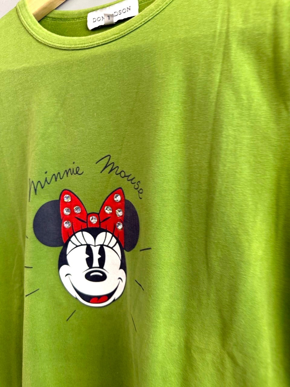 BERLIN VINTAGE CORNER lime green long sleeve t-shirt with Minnie Mouse graphic and rhinestone bow. Cotton blend.