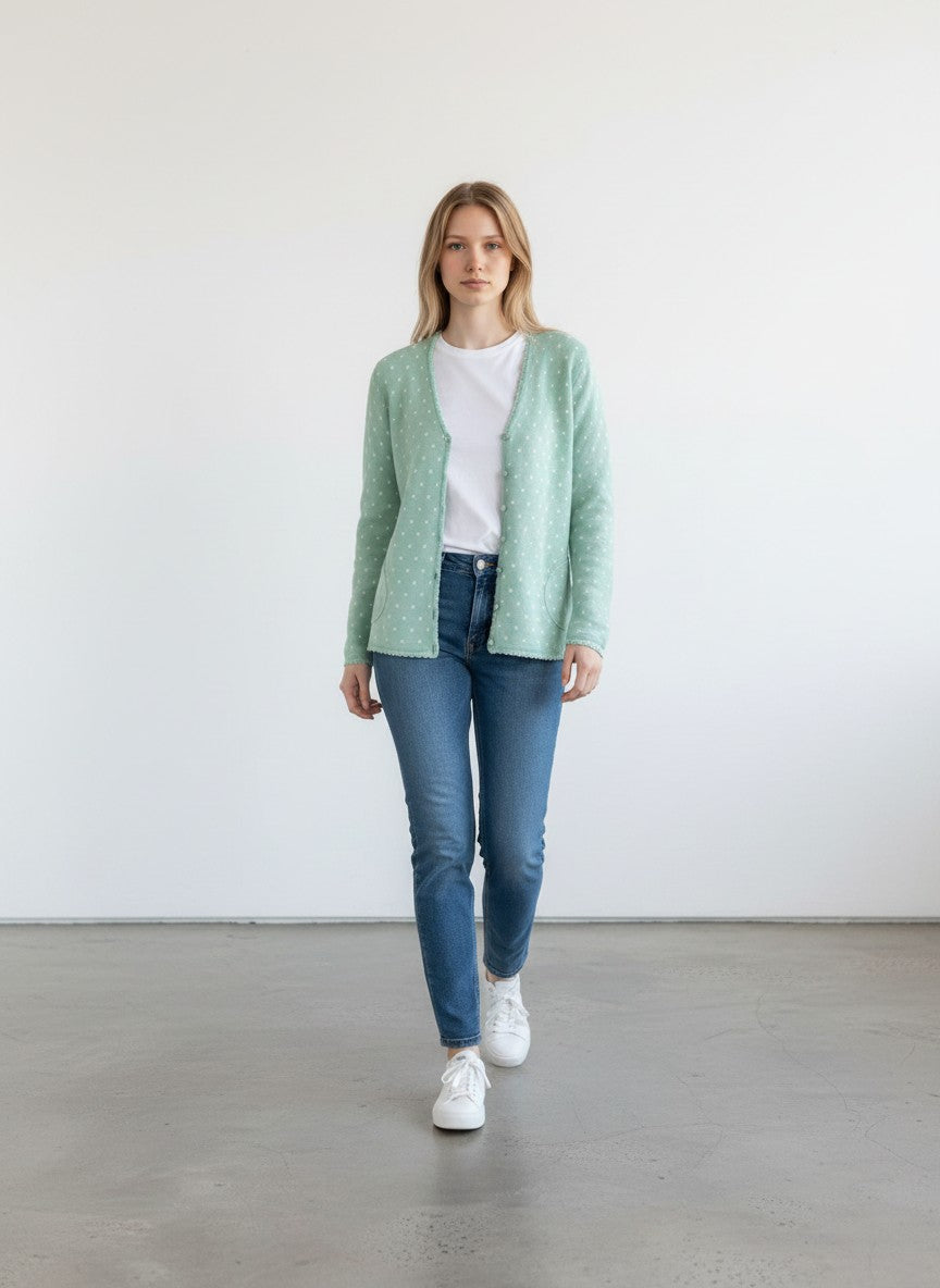 BERLIN VINTAGE CORNER mint green knit cardigan with white polka dots and scalloped trim.