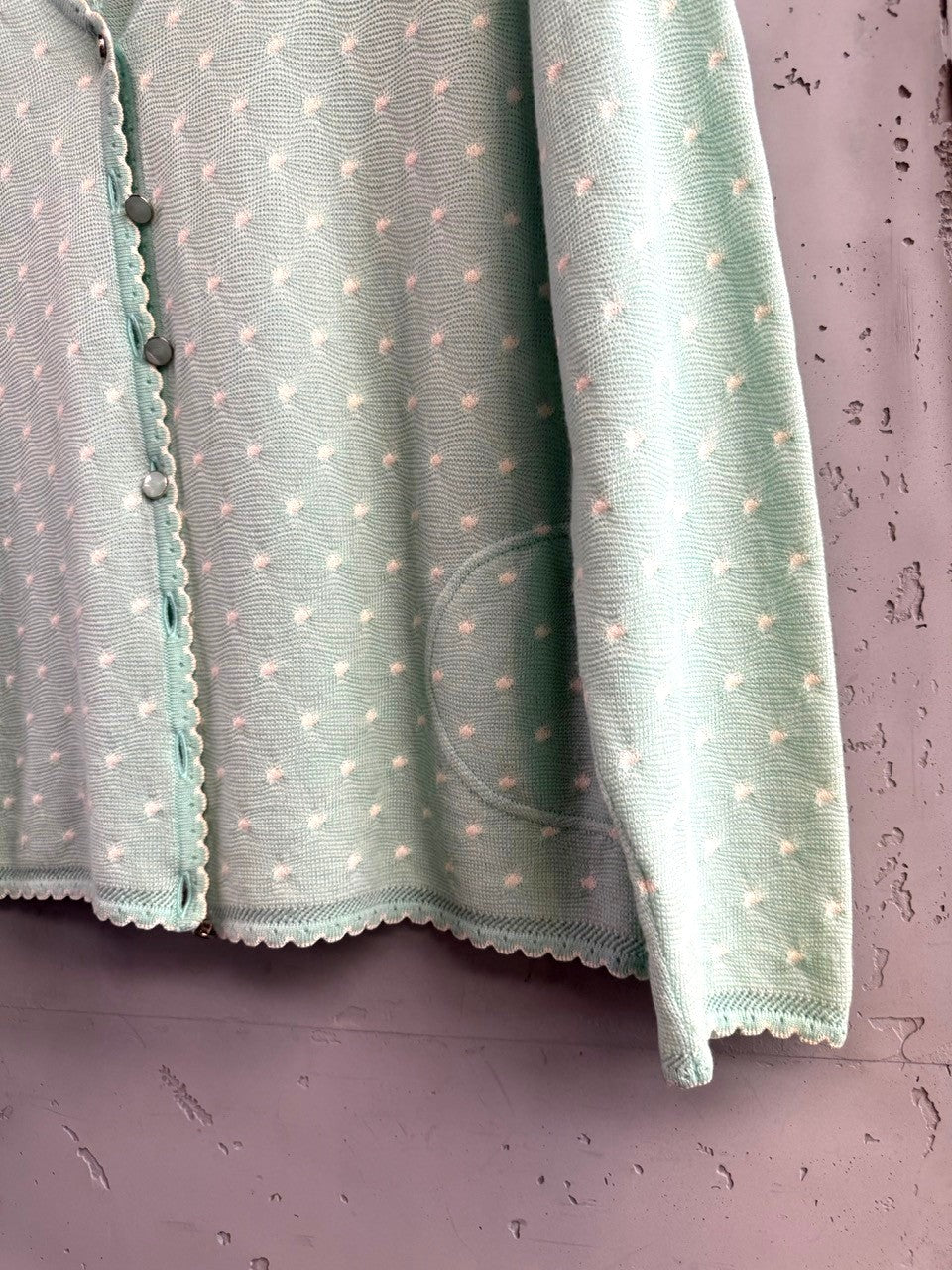 BERLIN VINTAGE CORNER mint green knitted cardigan with white polka dots and scalloped trim.