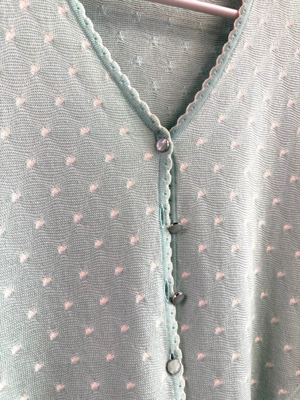 BERLIN VINTAGE CORNER mint green knit cardigan with white polka dots and scalloped trim.