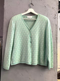BERLIN VINTAGE CORNER mint green knit cardigan with white polka dots, scalloped trim, and two front pockets.